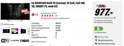LG 55EG910 OLED TV (139cm / 55 Zoll) Curved Cinema 3D-TV und Magic Remote - jetzt 23% billiger LG 55EG910 OLED TV (139cm / 55 Zoll) Curved Cinema 3D-TV und Magic Remote - jetzt 23% billiger