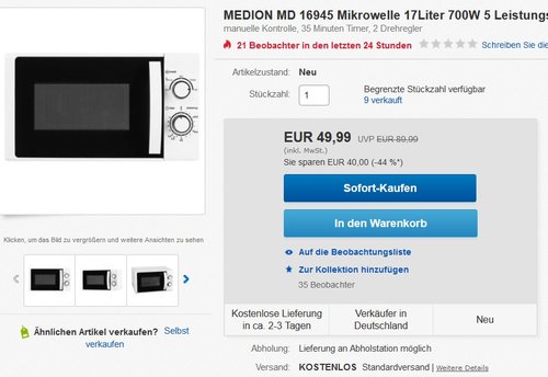 MEDION MD 16945 Mikrowelle 17Liter 700W - jetzt 23% billiger