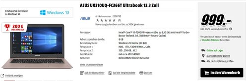Asus Zenbook UX310UQ-FC366T 33,7 cm (13,3 Zoll mattes Full HD) Notebook - jetzt 20% billiger Asus Zenbook UX310UQ-FC366T 33,7 cm (13,3 Zoll mattes Full HD) Notebook - jetzt 20% billiger