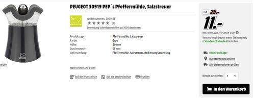 PEUGEOT 30919 PEP´s Pfeffermühle, Salzstreuer - jetzt 49% billiger