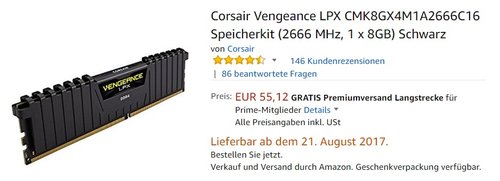 Corsair Vengeance LPX CMK8GX4M1A2666C16 Speicherkit (2666 MHz, 1 x 8GB) Schwarz - jetzt 29% billiger