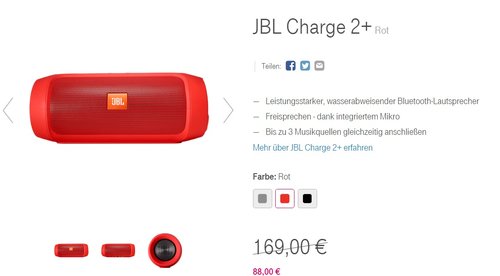 JBL Charge 2+ Bluetooth Lautsprecher, rot - jetzt 28% billiger