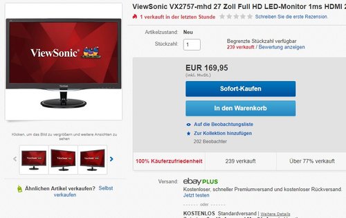 ViewSonic VX2757-mhd 27 Zoll Full HD LED-Monitor  - jetzt 14% billiger