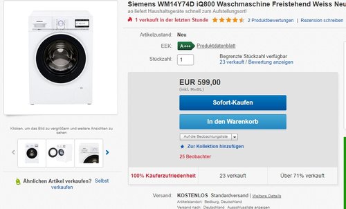Siemens iQ800 WM14Y74D iSensoric Premium-Waschmaschine - jetzt 23% billiger