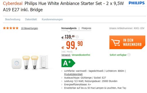 Hue White Ambiance LED Lampe E27 Starter Set inkl. Dimmschalter und Bridge - jetzt 13% billiger