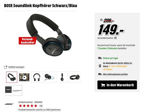 BOSE Soundlink Kopfhörer Schwarz/Blau - jetzt 21% billiger