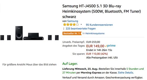 Samsung HT-J4500 5.1 3D Blu-ray Heimkinosystem - jetzt 11% billiger