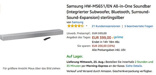 Samsung HW-MS651/EN All-in-One Soundbar - jetzt 11% billiger Samsung HW-MS651/EN All-in-One Soundbar - jetzt 11% billiger