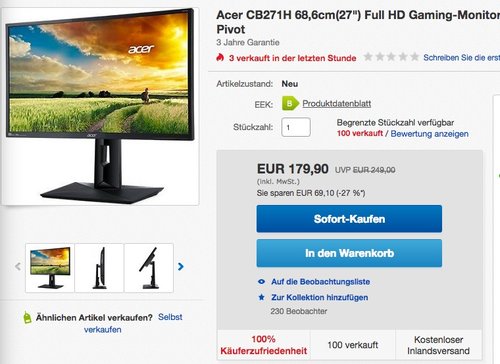 Acer CB271H  68,6cm (27 Zoll) Monitor - jetzt 12% billiger Acer CB271H  68,6cm (27 Zoll) Monitor - jetzt 12% billiger