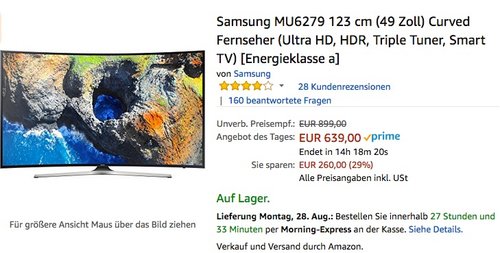 Samsung UE49MU6279 123 cm (49 Zoll) Curved Fernseher (Ultra HD, HDR, Triple Tuner, Smart TV)  - jetzt 9% billiger