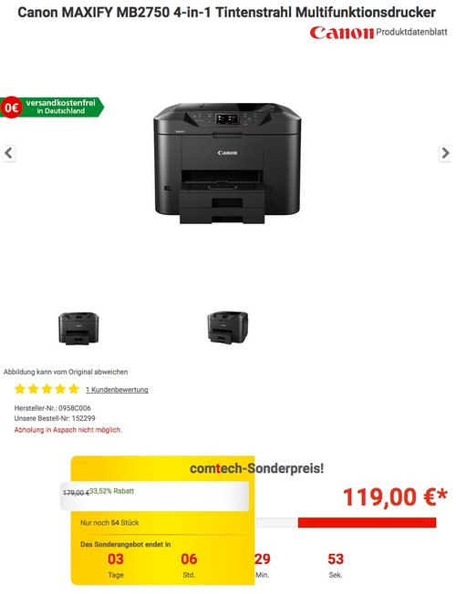 Canon MAXIFY MB2750 4-in-1 Tintenstrahl Multifunktionsdrucker - jetzt 18% billiger