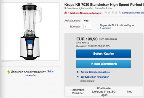 Krups KB7030 High Speed Standmixer Perfect Mix 9000, 2 L, 1500 W - jetzt 23% billiger Krups KB7030 High Speed Standmixer Perfect Mix 9000, 2 L, 1500 W - jetzt 23% billiger