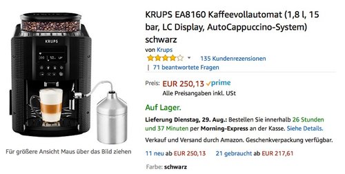 KRUPS EA8160 Kaffee-Vollautomat (1,8 l, 15 Bar, LC Display, AutoCappuccino-System) schwarz - jetzt 10% billiger KRUPS EA8160 Kaffee-Vollautomat (1,8 l, 15 Bar, LC Display, AutoCappuccino-System) schwarz - jetzt 10% billiger