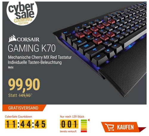 Corsair Gaming CH-9000117-DE K70 Cherry MX Red Mechanische Gaming Tastatur (Performance Blaue LED Beleuchtung, DE)  - jetzt 32% billiger