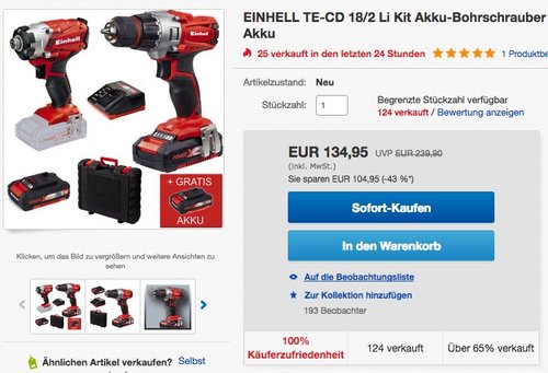EINHELL TE-CD 18/2 Li Kit (2x1,5 Ah) Akku-Bohrschrauber - jetzt 15% billiger