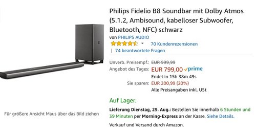 Philips Fidelio B8 Soundbar mit Dolby Atmos (5.1.2, Ambisound, kabelloser Subwoofer, Bluetooth, NFC) - jetzt 20% billiger