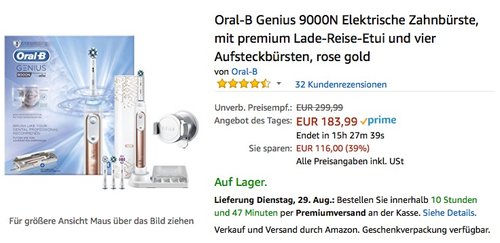 Oral-B Genius 9000N Elektrische Zahnbürste, mit premium Lade-Reise-Etui und vier Aufsteckbürsten, rose gold - jetzt 8% billiger Oral-B Genius 9000N Elektrische Zahnbürste, mit premium Lade-Reise-Etui und vier Aufsteckbürsten, rose gold - jetzt 8% billiger