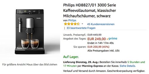 Philips HD8827/01 3000 Serie Kaffeevollautomat, klassischer Milchaufschäumer, schwarz - jetzt 11% billiger