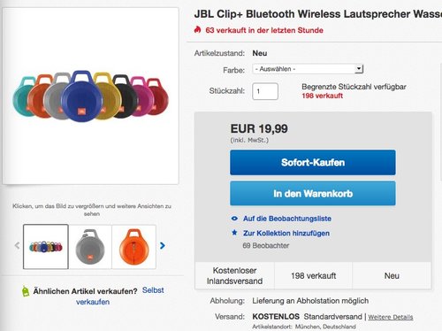 JBL Clip+ Bluetooth Wireless Lautsprecher  - jetzt 47% billiger JBL Clip+ Bluetooth Wireless Lautsprecher  - jetzt 47% billiger