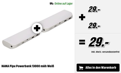 2 x HAMA Pipe Powerbank 13000 mAh Weiß - jetzt 50% billiger