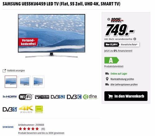 SAMSUNG UE55KU6459 LED TV (Flat, 55 Zoll, UHD 4K, SMART TV) - jetzt 32% billiger