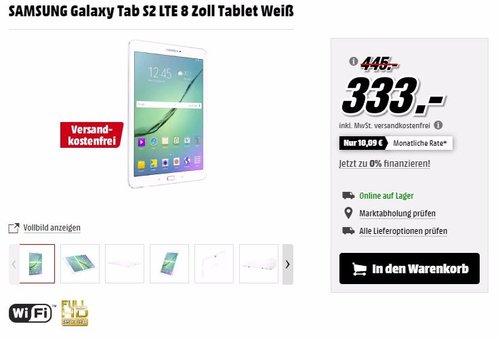 SAMSUNG Galaxy Tab S2 LTE 8 Zoll Tablet Weiß - jetzt 12% billiger