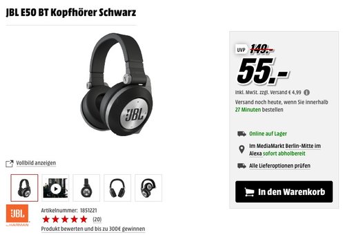 JBL E50 BT Wireless Bluetooth Over-Ear Stereo-Kopfhörer Schwarz - jetzt 35% billiger