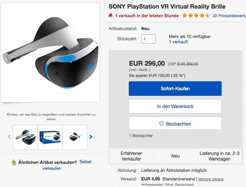 SONY PlayStation VR Virtual Reality Brille für PS4 - jetzt 13% billiger