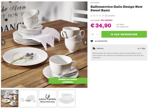 GALLO DESIGN VILLEROY & BOCH GROUP Kaffeeservice, Hartporzellan, 18 Teile, »New Sweet Basic«, weiß - jetzt 38% billiger