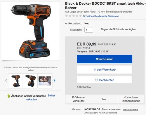 Black+Decker Bohrschrauber, 18V, 1.5Ah Akku - jetzt 15% billiger