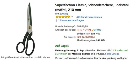 Zwilling Superfection Classic, Schneiderschere, Edelstahl rostfrei, 210 mm - jetzt 33% billiger Zwilling Superfection Classic, Schneiderschere, Edelstahl rostfrei, 210 mm - jetzt 33% billiger