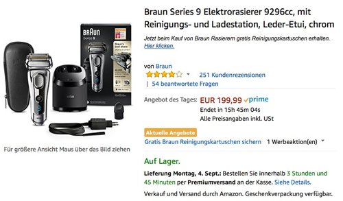 Braun Series 9 Elektrorasierer 9296cc, mit Reinigungs- und Ladestation, Leder-Etui, chrom - jetzt 16% billiger