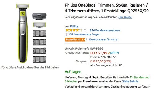Philips OneBlade, Trimmen, Stylen, Rasieren / 4 Trimmeraufsätze, 1 Ersatzklinge QP2530/30 - jetzt 20% billiger Philips OneBlade, Trimmen, Stylen, Rasieren / 4 Trimmeraufsätze, 1 Ersatzklinge QP2530/30 - jetzt 20% billiger