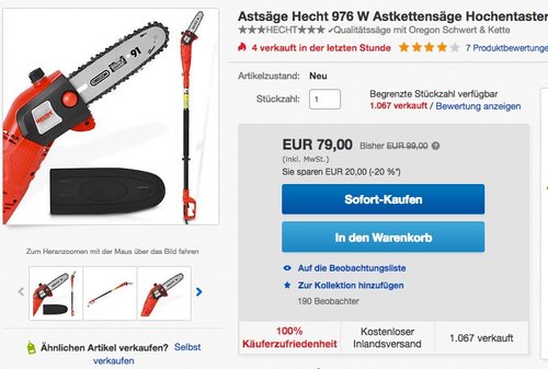 HECHT Elektro-Hochentaster 976 W Astkettensäge Profi-Astsäge (750 Watt, Schwertlänge: 24 cm, Arbeitshöhe: bis 4 m) - jetzt 19% billiger HECHT Elektro-Hochentaster 976 W Astkettensäge Profi-Astsäge (750 Watt, Schwertlänge: 24 cm, Arbeitshöhe: bis 4 m) - jetzt 19% billiger