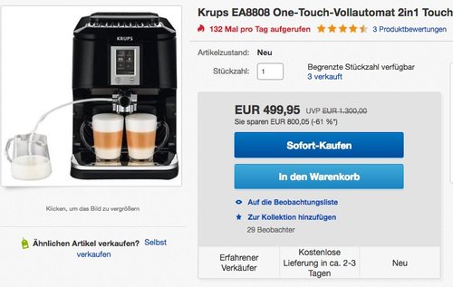 Krups EA8808 Kaffeevollautomat (Two-in-One-Touch Funktion, 15 bar, Touchscreen-Farbdisplay) Edelstahl/ Schwarz - jetzt 21% billiger Krups EA8808 Kaffeevollautomat (Two-in-One-Touch Funktion, 15 bar, Touchscreen-Farbdisplay) Edelstahl/ Schwarz - jetzt 21% billiger