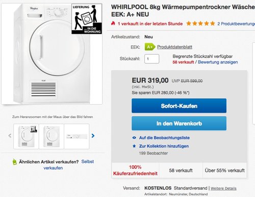 WHIRLPOOL HDLX 80310 Kondensationstrockner (8 kg, A+) - jetzt 34% billiger WHIRLPOOL HDLX 80310 Kondensationstrockner (8 kg, A+) - jetzt 34% billiger