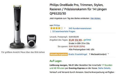 Philips OneBlade Pro QP6520/30 - jetzt 16% billiger Philips OneBlade Pro QP6520/30 - jetzt 16% billiger