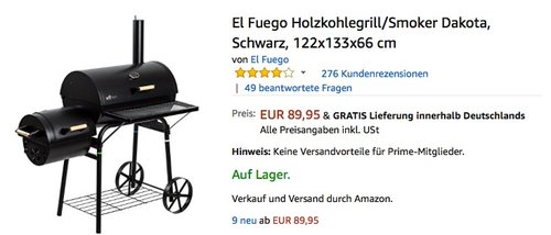 El Fuego Holzkohlegrill/Smoker Dakota - jetzt 17% billiger El Fuego Holzkohlegrill/Smoker Dakota - jetzt 17% billiger