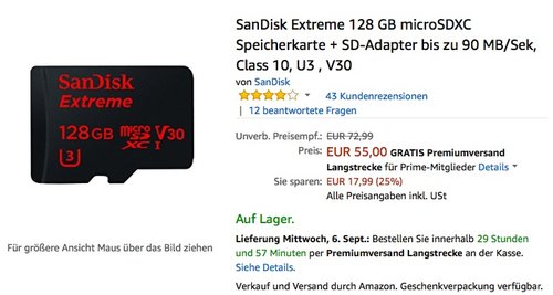 SanDisk Extreme 128 GB microSDXC Speicherkarte + SD-Adapter bis zu 90 MB/Sek, Class 10, U3 , V30 - jetzt 19% billiger SanDisk Extreme 128 GB microSDXC Speicherkarte + SD-Adapter bis zu 90 MB/Sek, Class 10, U3 , V30 - jetzt 19% billiger