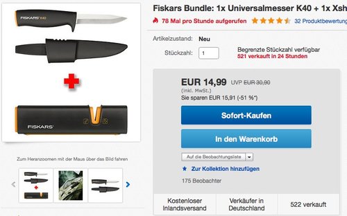 Fiskars Universalmesser, Inklusive Köcher zum sicheren Verstauen, Länge 22,5 cm, Schwarz/Orange, K40 - jetzt 35% billiger