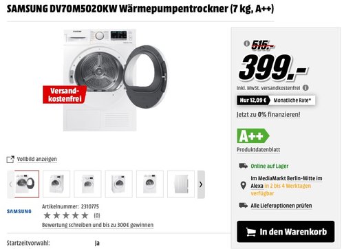 SAMSUNG DV70M5020KW Wärmepumpentrockner (7 kg, A++) - jetzt 23% billiger SAMSUNG DV70M5020KW Wärmepumpentrockner (7 kg, A++) - jetzt 23% billiger