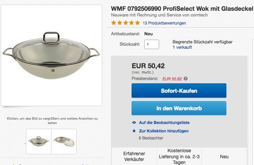 WMF 0792506990 ProfiSelect Wok mit Glasdeckel - jetzt 11% billiger