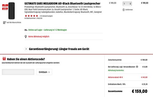 Ultimate Ears MEGABOOM Bluetooth und Kabellose Lautsprecher, schwarz  - jetzt 12% billiger