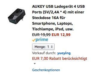 AUKEY USB Ladegerät 4 USB Ports (5V/2,4A * 4) mit einer Steckdose 16A  - jetzt 35% billiger