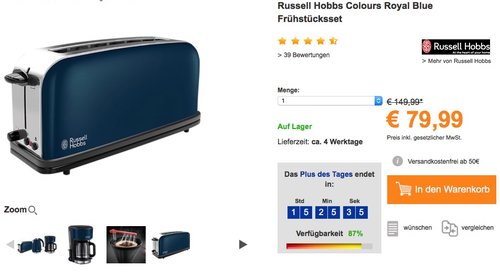 Russell Hobbs Frühstücksset Colours Royal Blue, Glas-Kaffeemaschine, Wasserkocher, Toaster - jetzt 20% billiger Russell Hobbs Frühstücksset Colours Royal Blue, Glas-Kaffeemaschine, Wasserkocher, Toaster - jetzt 20% billiger