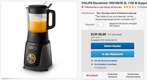 Philips HR2199/00 Hochleistungsmixer mit 32.000 U/min für feine Smoothies - jetzt 60% billiger Philips HR2199/00 Hochleistungsmixer mit 32.000 U/min für feine Smoothies - jetzt 60% billiger