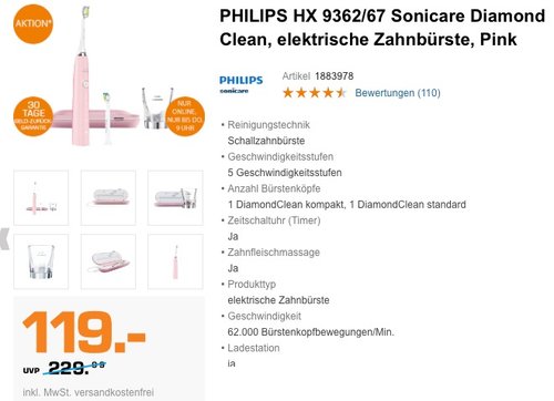 PHILIPS HX 9362/67 Sonicare Diamond Clean, elektrische Zahnbürste, Pink - jetzt 21% billiger