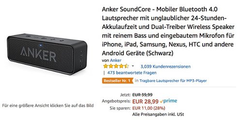 Anker SoundCore - Mobiler Bluetooth 4.0 Lautsprecher - jetzt 28% billiger
