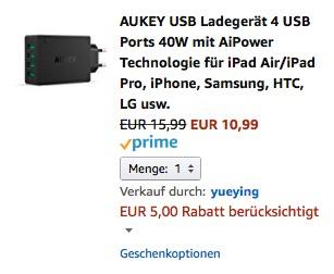 AUKEY USB Ladegerät 4 USB Ports 40W mit AiPower Technologie  - jetzt 31% billiger