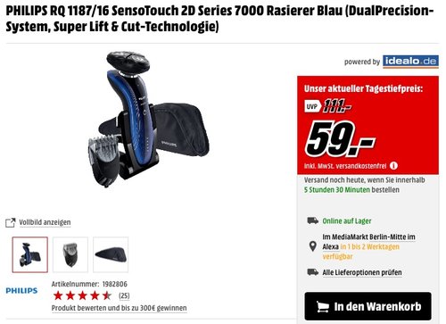 Philips SensoTouch 2D Elektrischer Rasierer RQ1187/16, mit Bartstyling Aufsatz - jetzt 31% billiger